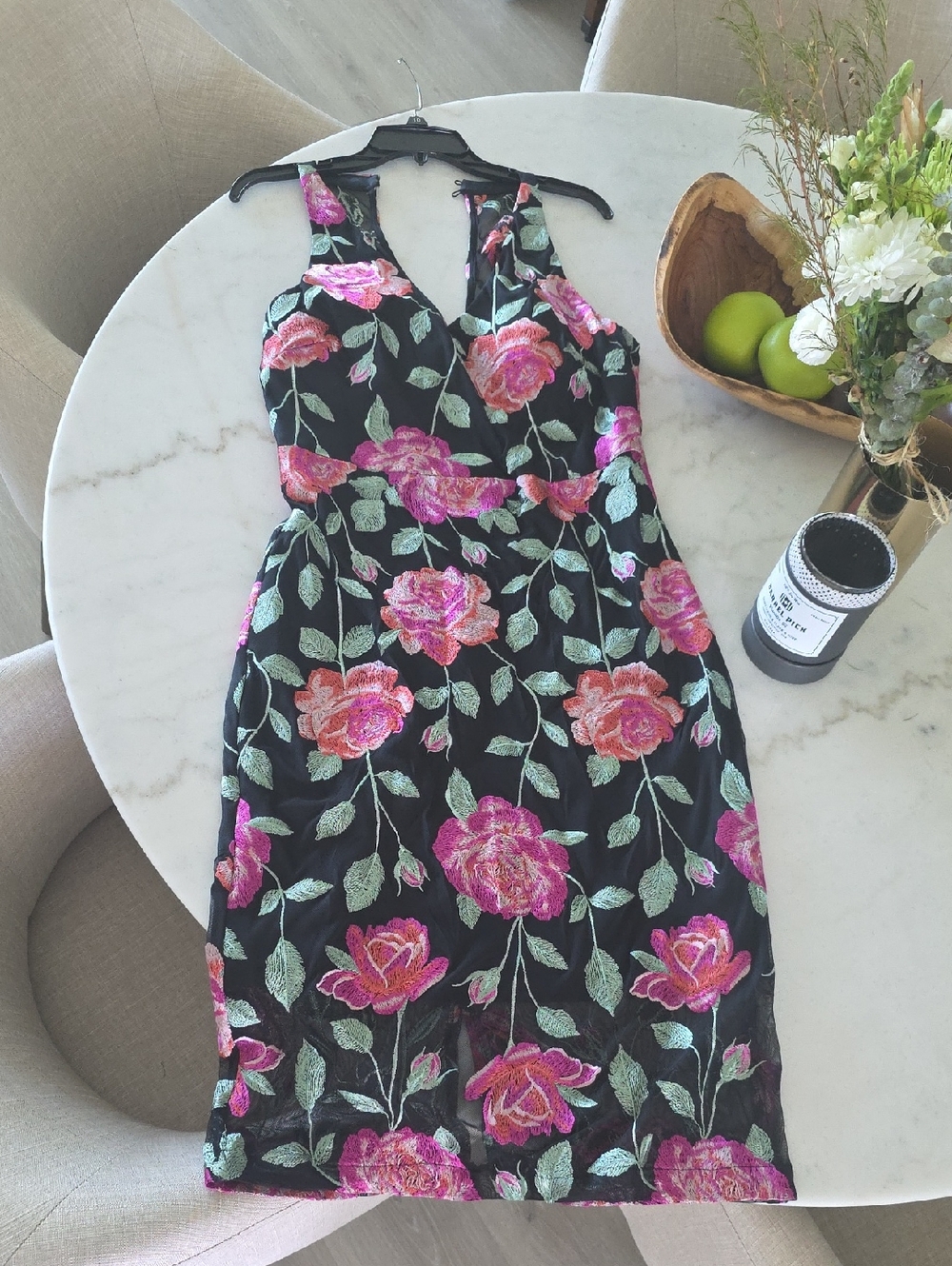 Siena Studio Black Midi Dress with Pink & Green Floral Embroidery